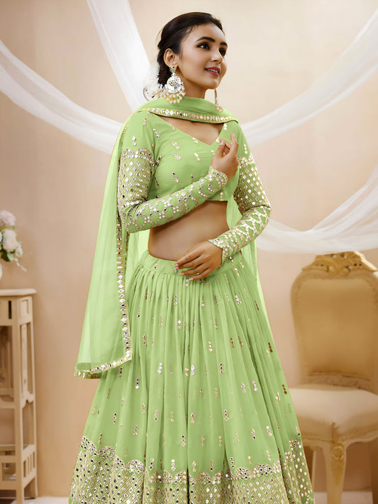 Pista Green Georgette Zari & Sequins, Dori Work Mehendi Lehenga for Wedding Guest