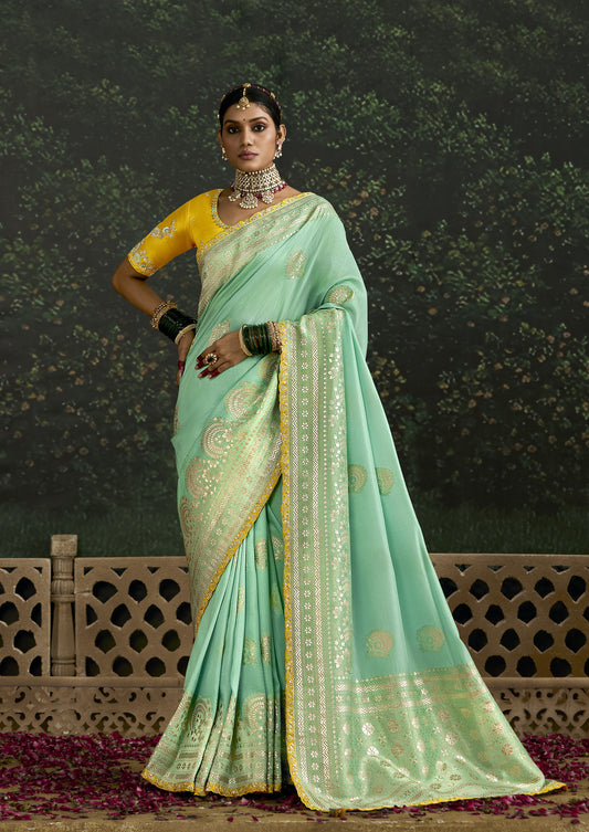 Pista Green Dola Silk Sequins Emboidery Baisaa Festive Saree