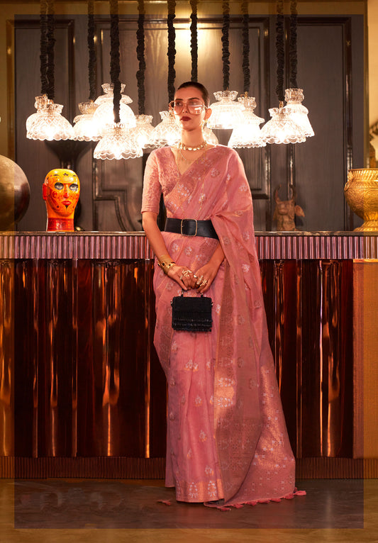 Pink Klassima Linen Pure Linen Zari woven saree