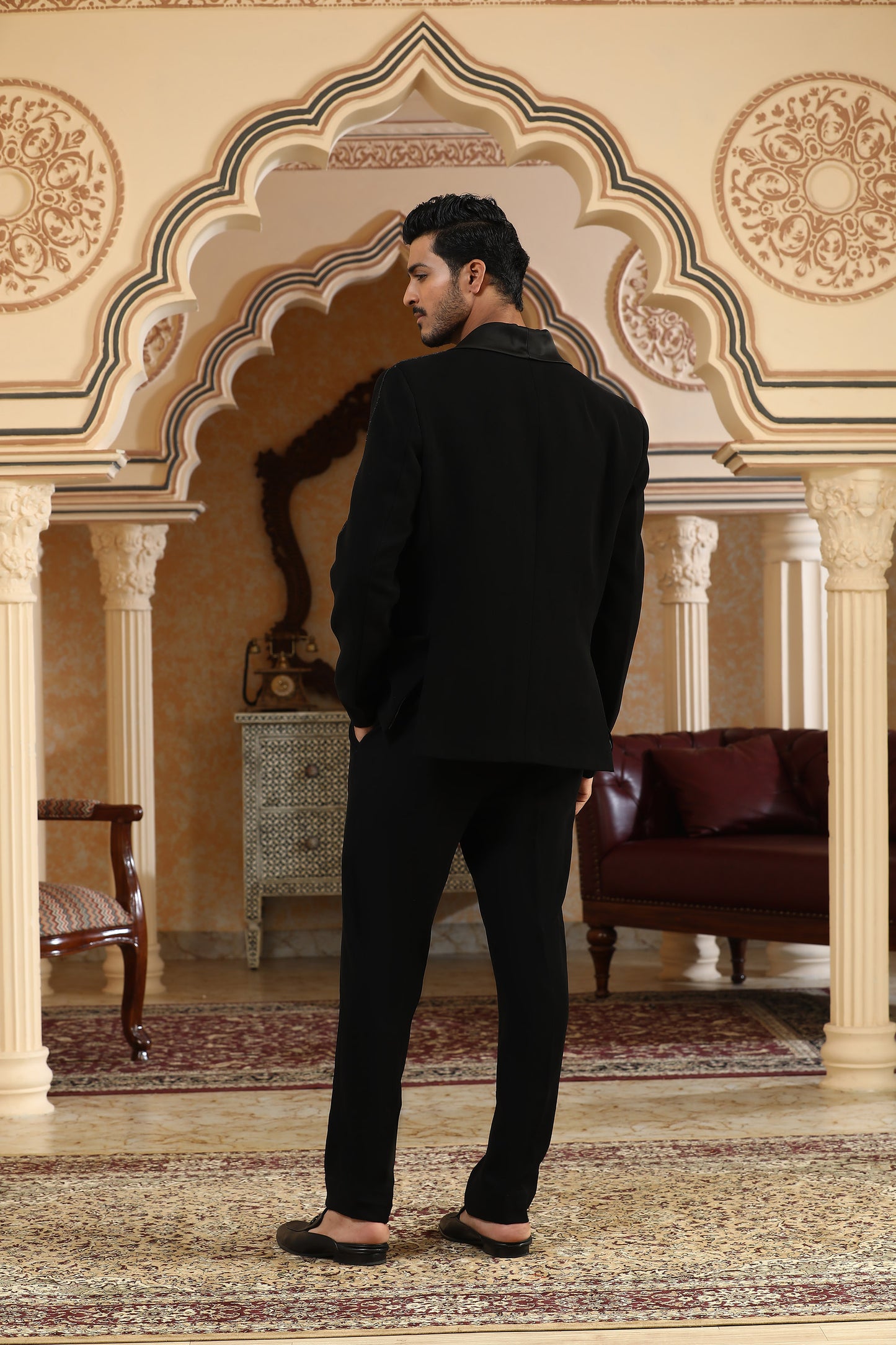 Black Italian Silk Zardozi Work & Glitter Flower Cut Embroidered Coat Set