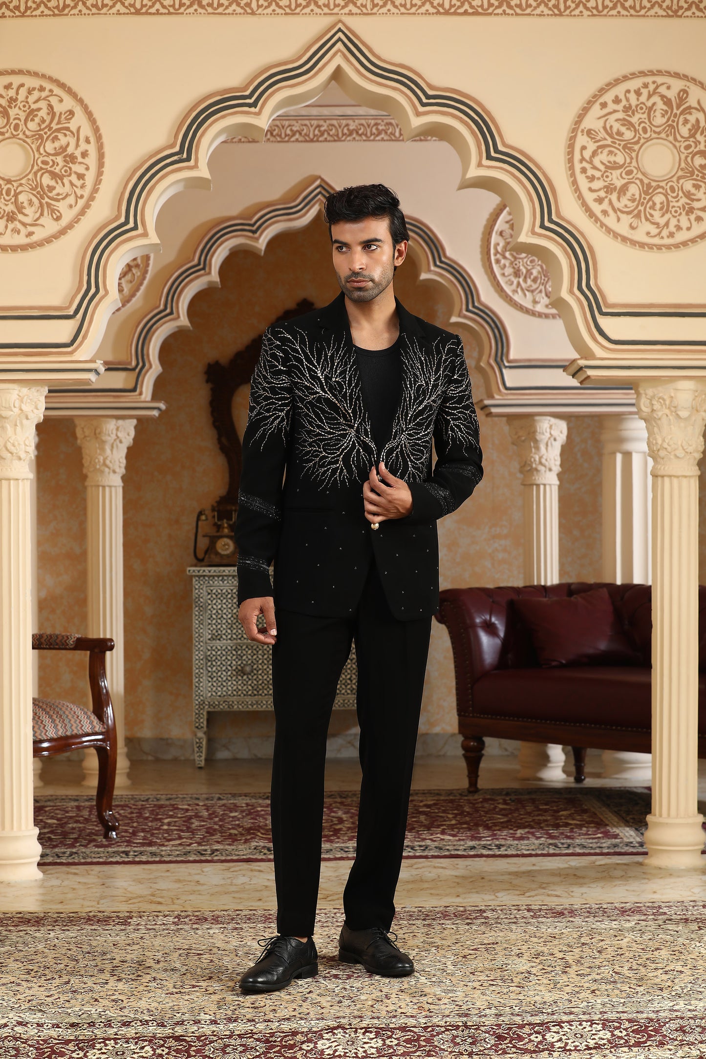 Kalpvriksha - Black Italian Viscose Dori Embroidered Party Wear Tuxedo Set
