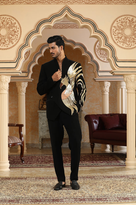 Sworn Eagle - Black Italian Viscose Metallic Embellishments Bandhgala Set