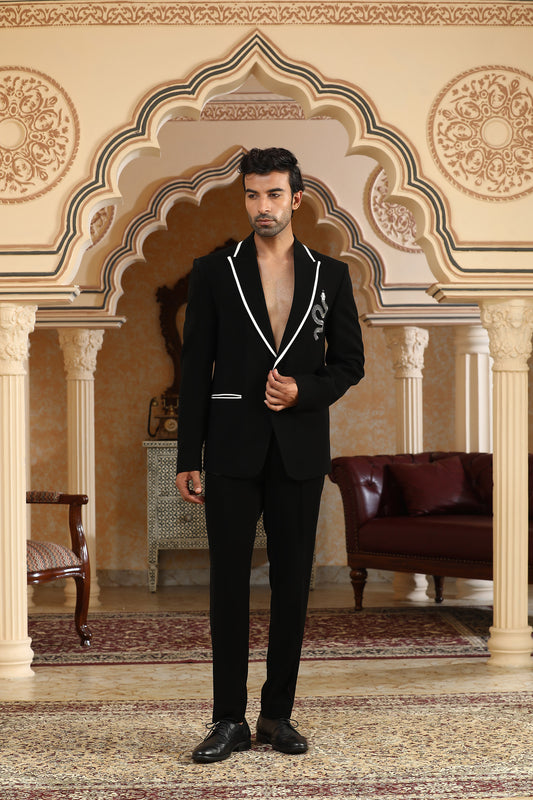 Serpents Charm - Black Italian Viscose Cut Dana Embroidered Casual Coat Set