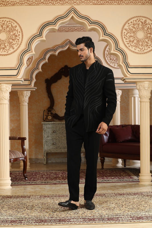 Black Italian Viscose & Satin Drawn Deer Sangeet Bandhgala Set