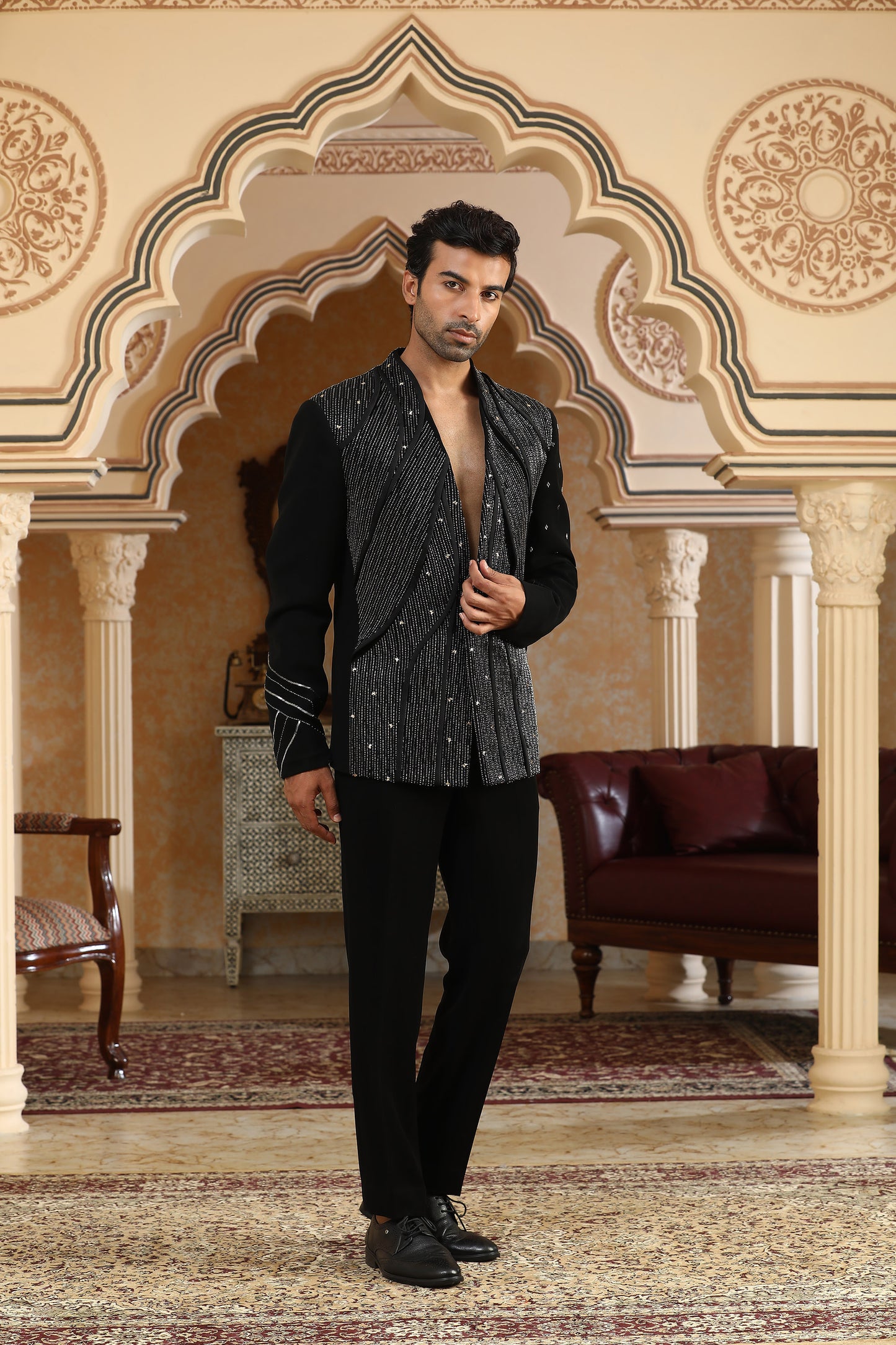 Galactic World - Black Italian Viscose Zardozi & Cut Dana Embroidered Coat Set