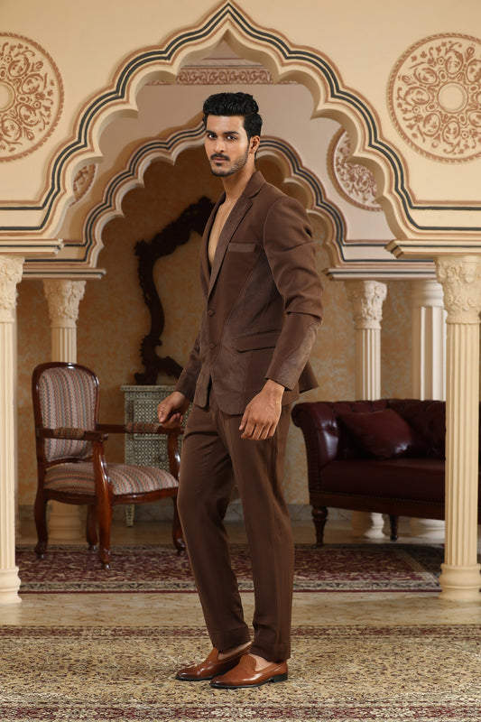Brown Italian Poly Textured Applique Suit Set