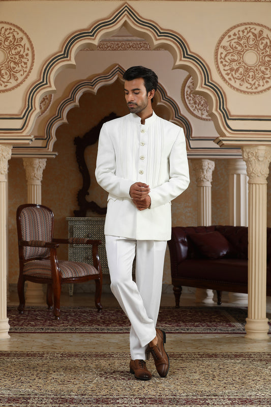 Chand Saaz - White Italian Viscose Festive Bandhgala Set
