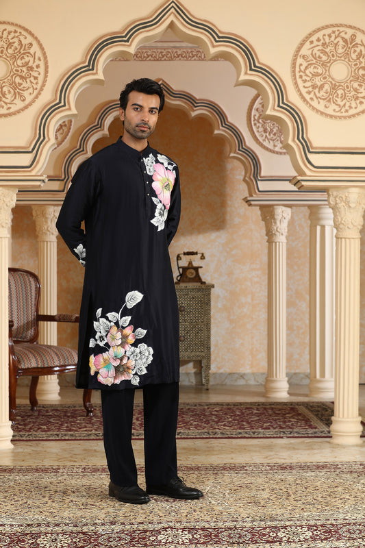 Navy Blue Chanderi Silk Handpainted Phoolkumar Festive Kurta Set