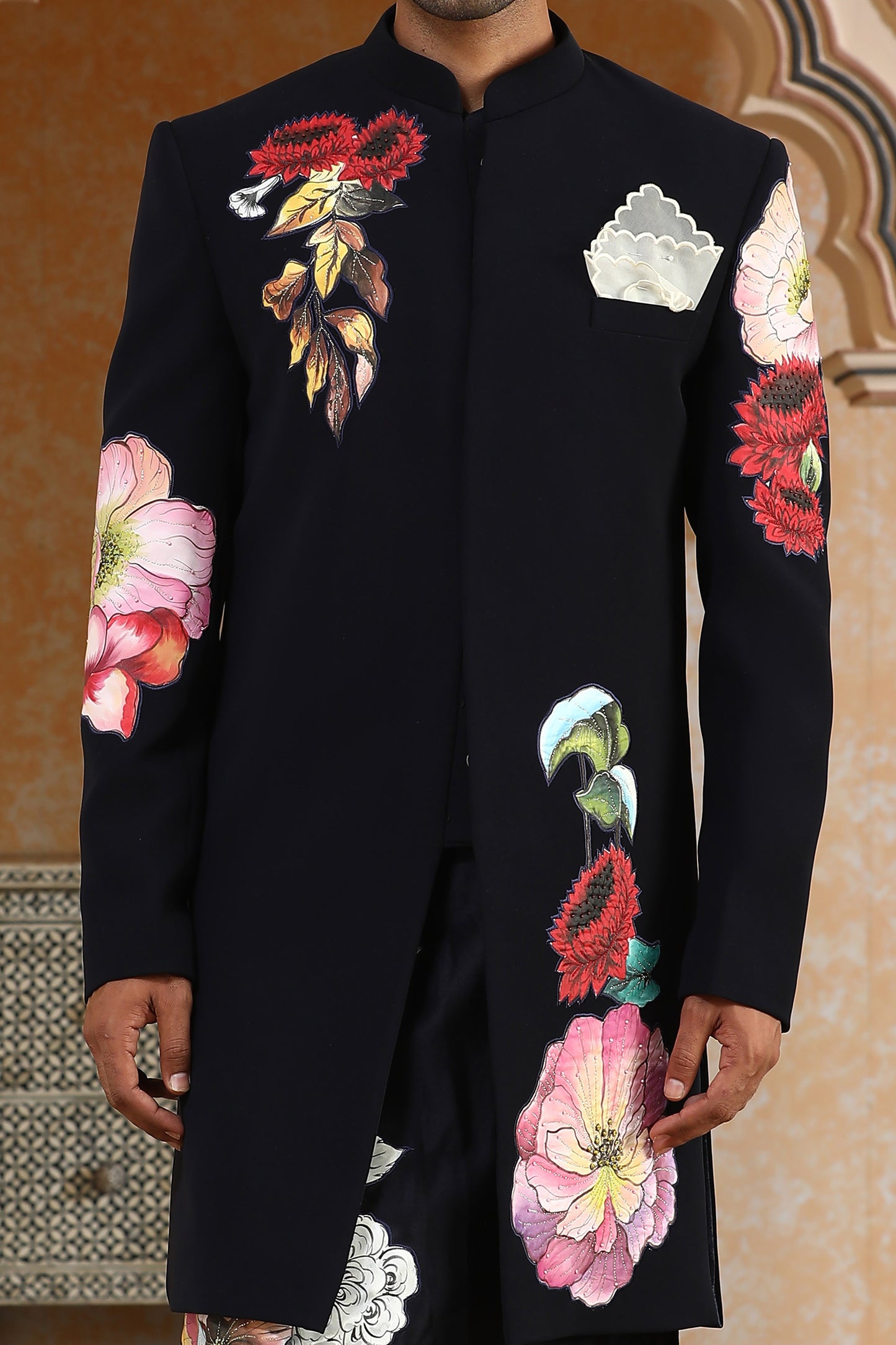 Navy Blue Italian Viscose & Chanderi Silk Handpainted Phoolkumar Embroidered Festive Indo Set