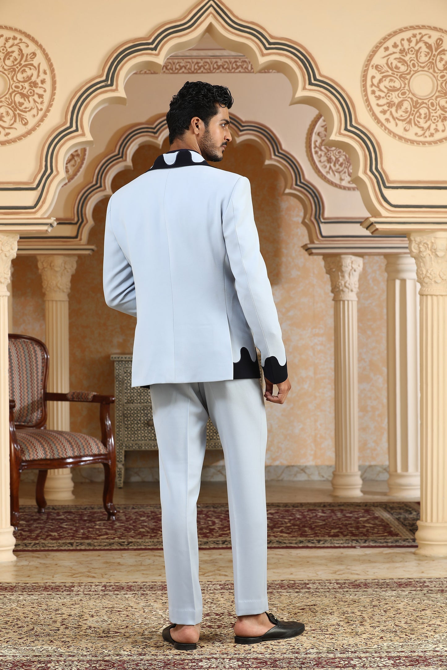 Blue Italian Viscose Lily Dual Tone Applique & Moti Work Party Wear Tuxedo Set