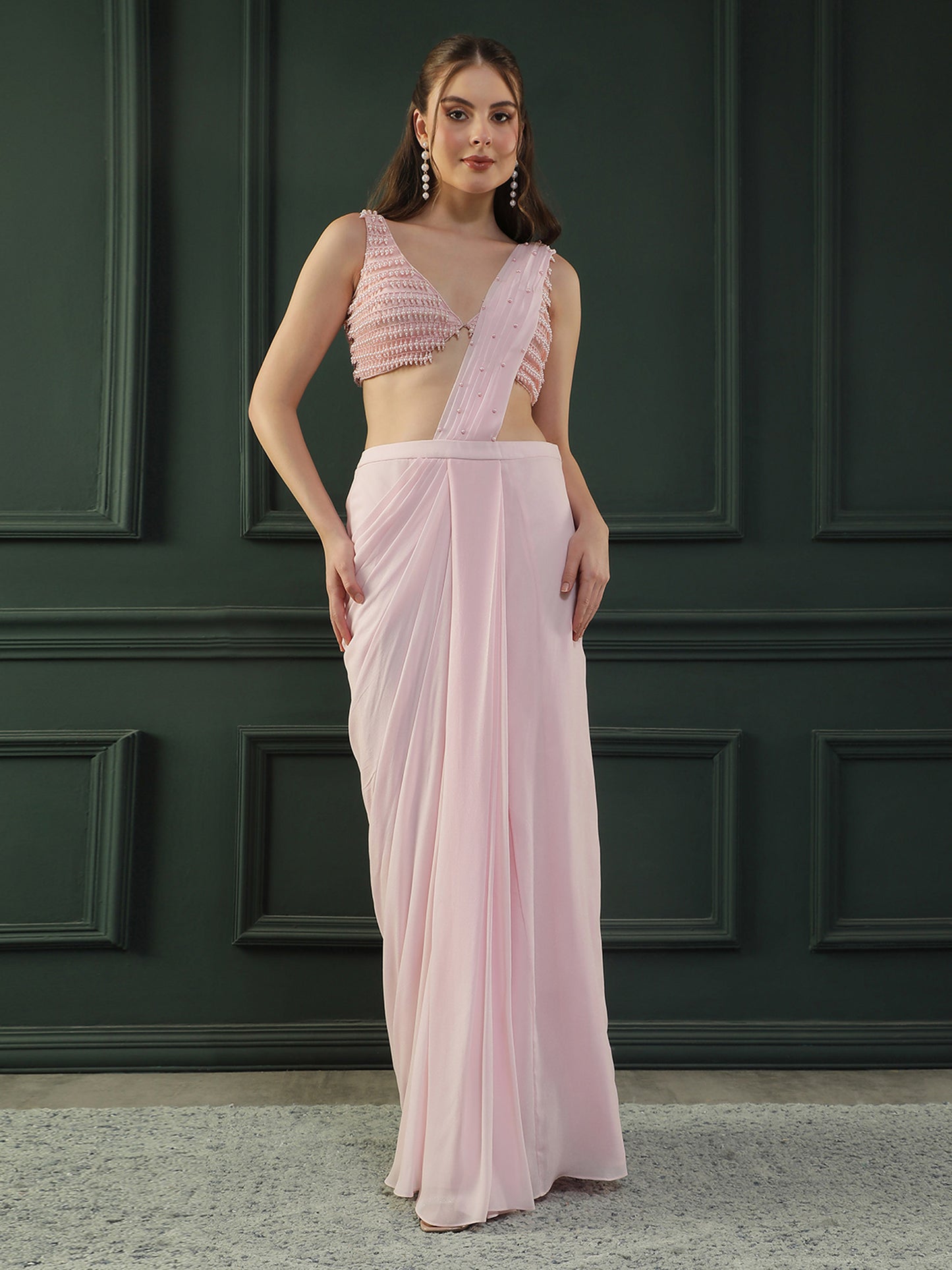Powder Pink Pearl Pre-drape Saree