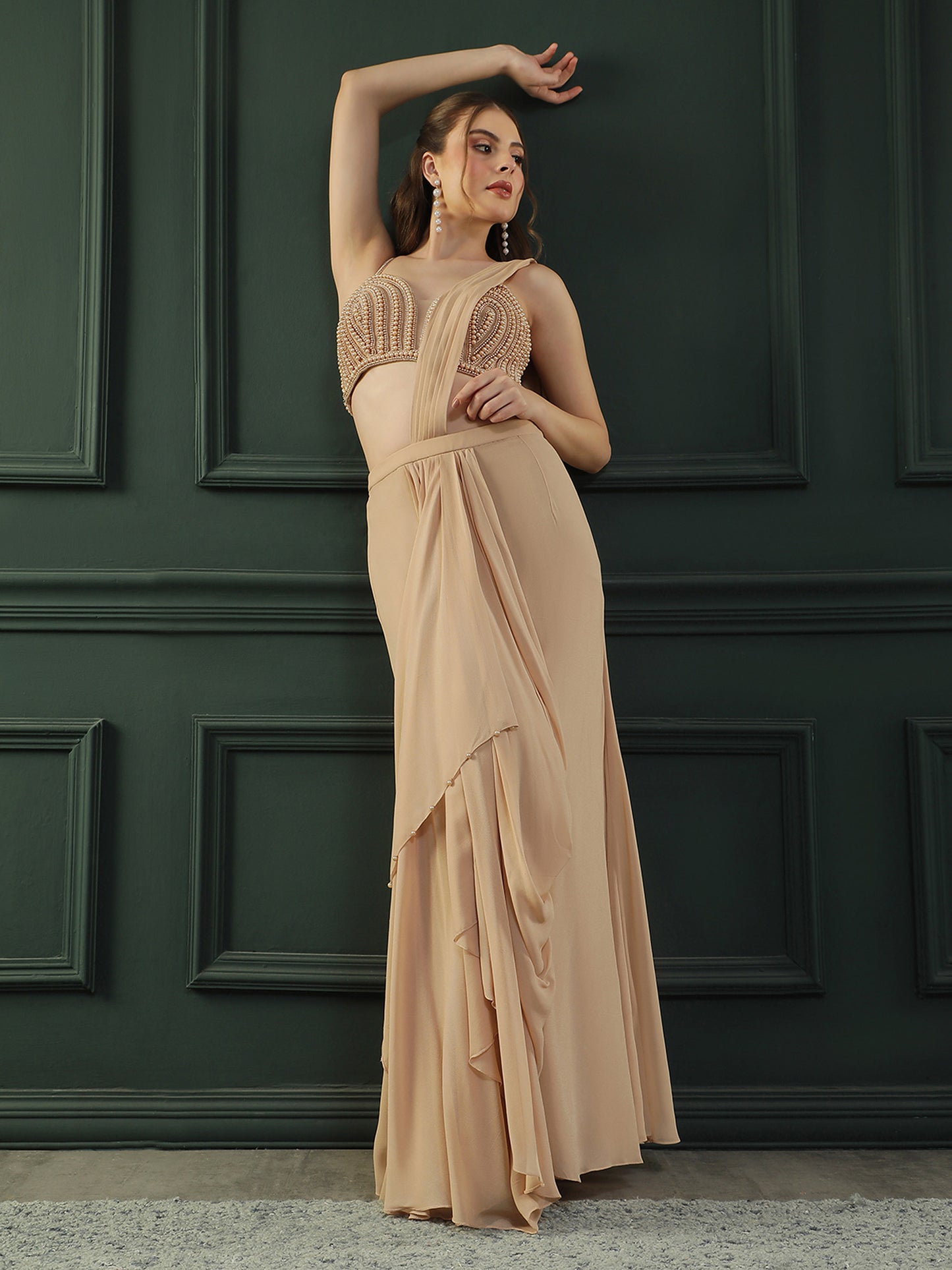 Tan Brown Pearl Pre-Drape Saree