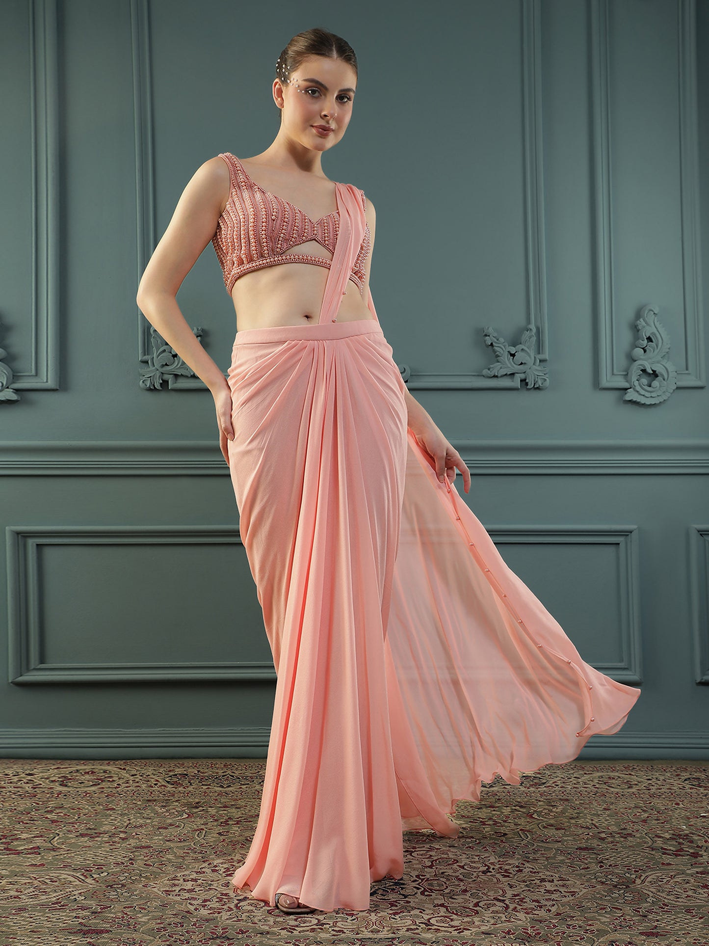 Peach Pearl Pre-Drape Saree