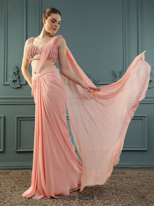 Peach Pearl Pre-Drape Saree