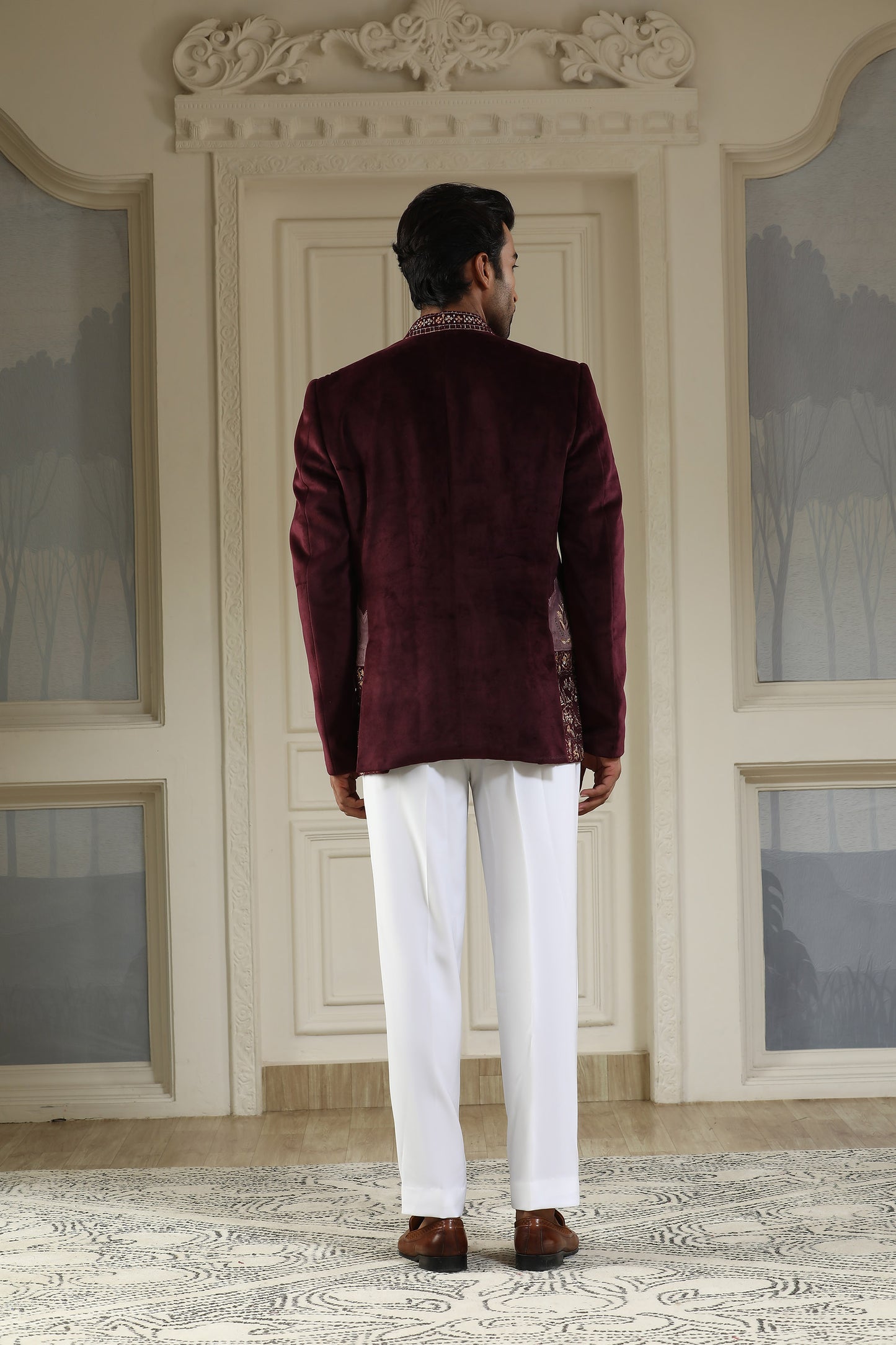 Sher Bagh - Maroon Italian Viscose & Velvet Zari Work Festive Bandhgala Set