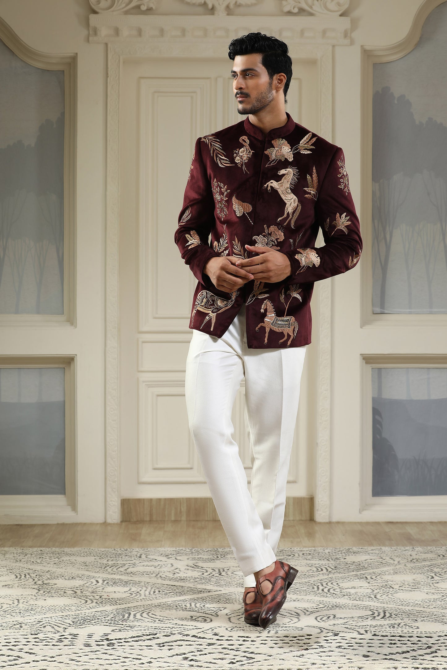 Ashv Mrig - Maroon Velvet & Silk Zari & Pearl Work Engagement Bandhgala Set