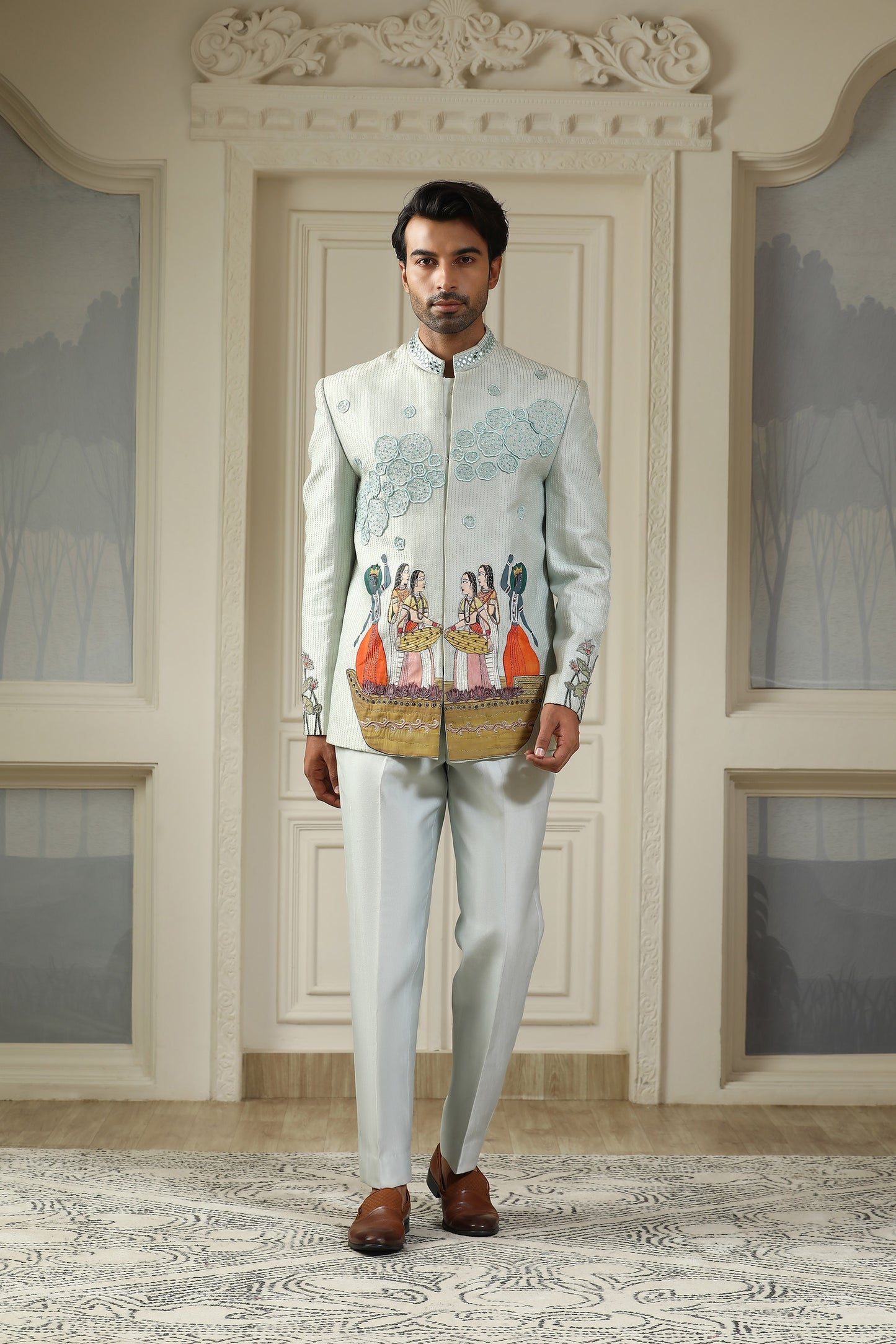 Kashti - Sea Blue Chanderi Silk Handpainted Sangeet Bandhgala Set