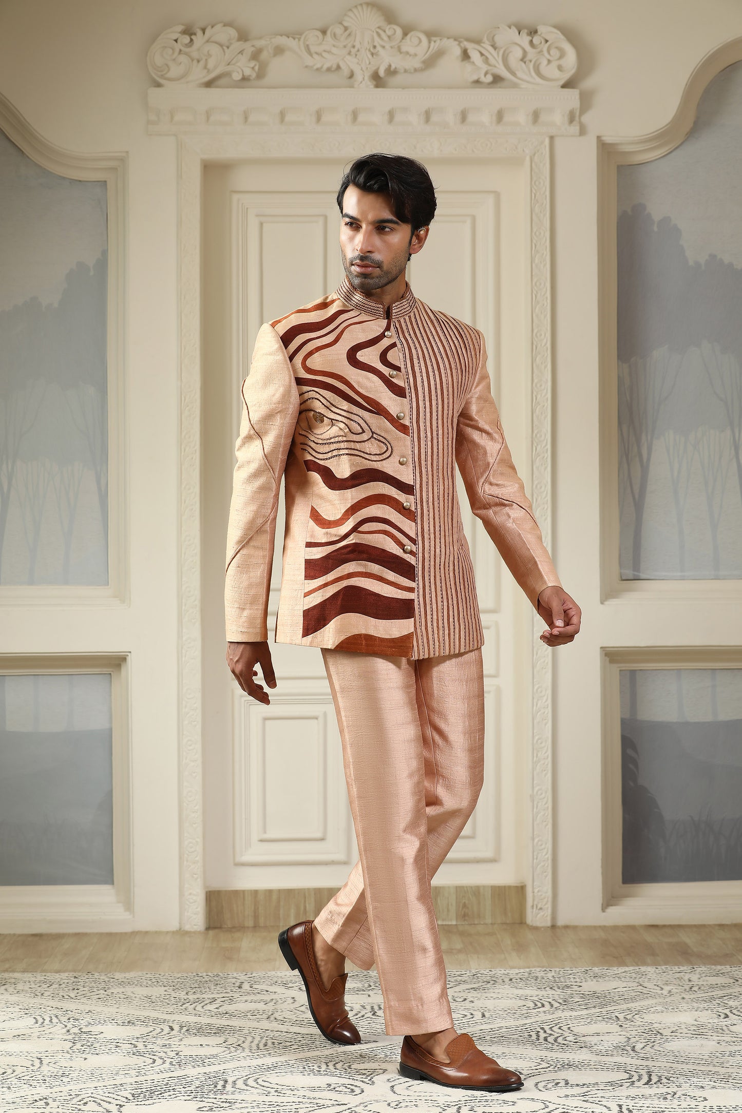 Bhura Netra- Brown Silk Wave Pattern Metallic Piping Work Festive Bandhgala