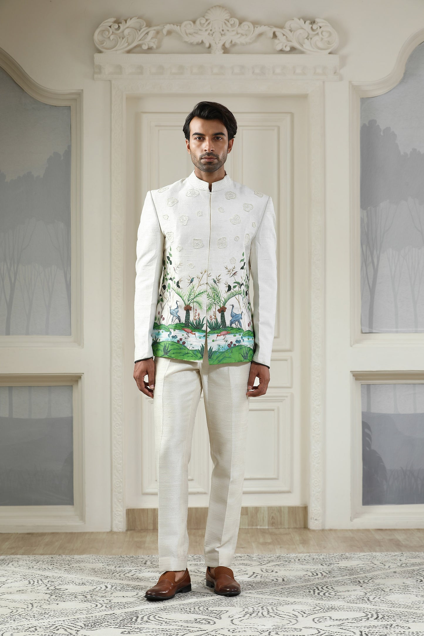 Hansraj - White Handpainted Engagement Bandhgala Set