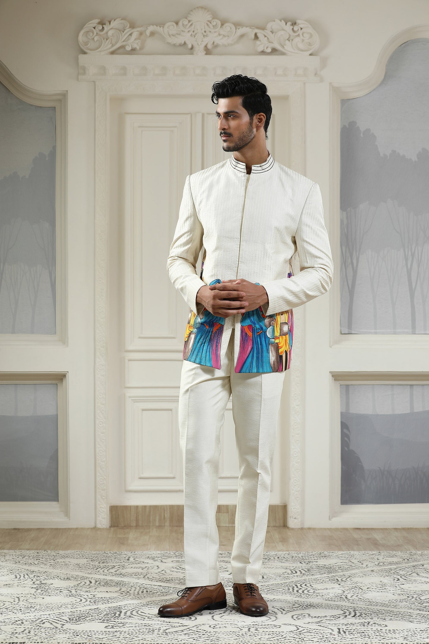 Dancing Village White Silk Handpainted Festive Bandhgala