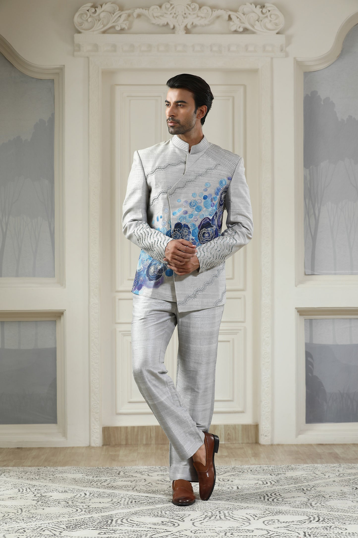 Samudra - Grey Silk Handpainted Festive Bandhgala Set