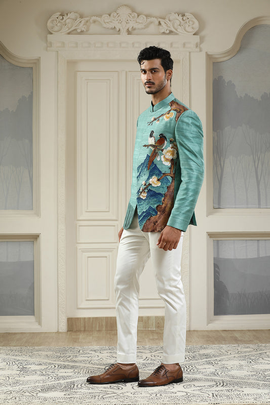 Neel Panchi - Sea Green Hand Painted Embroidered Mehendi Bandhgala Set