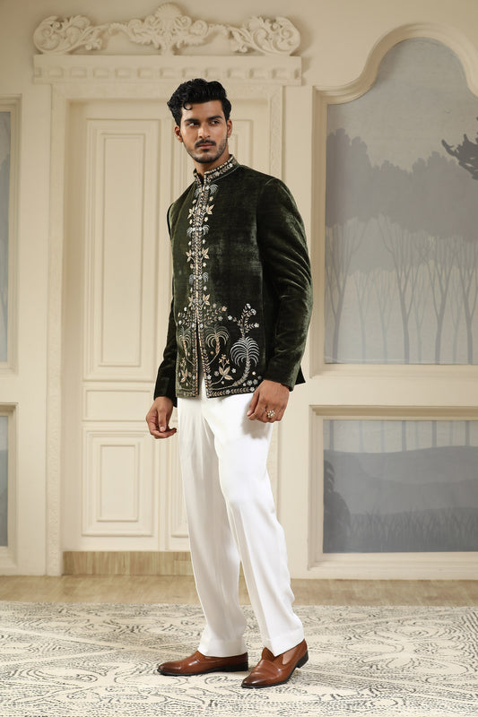 Shahi Baagh - Green Velvet & Italain Viscose Cutdana Work Mehendi Bandhgala Set