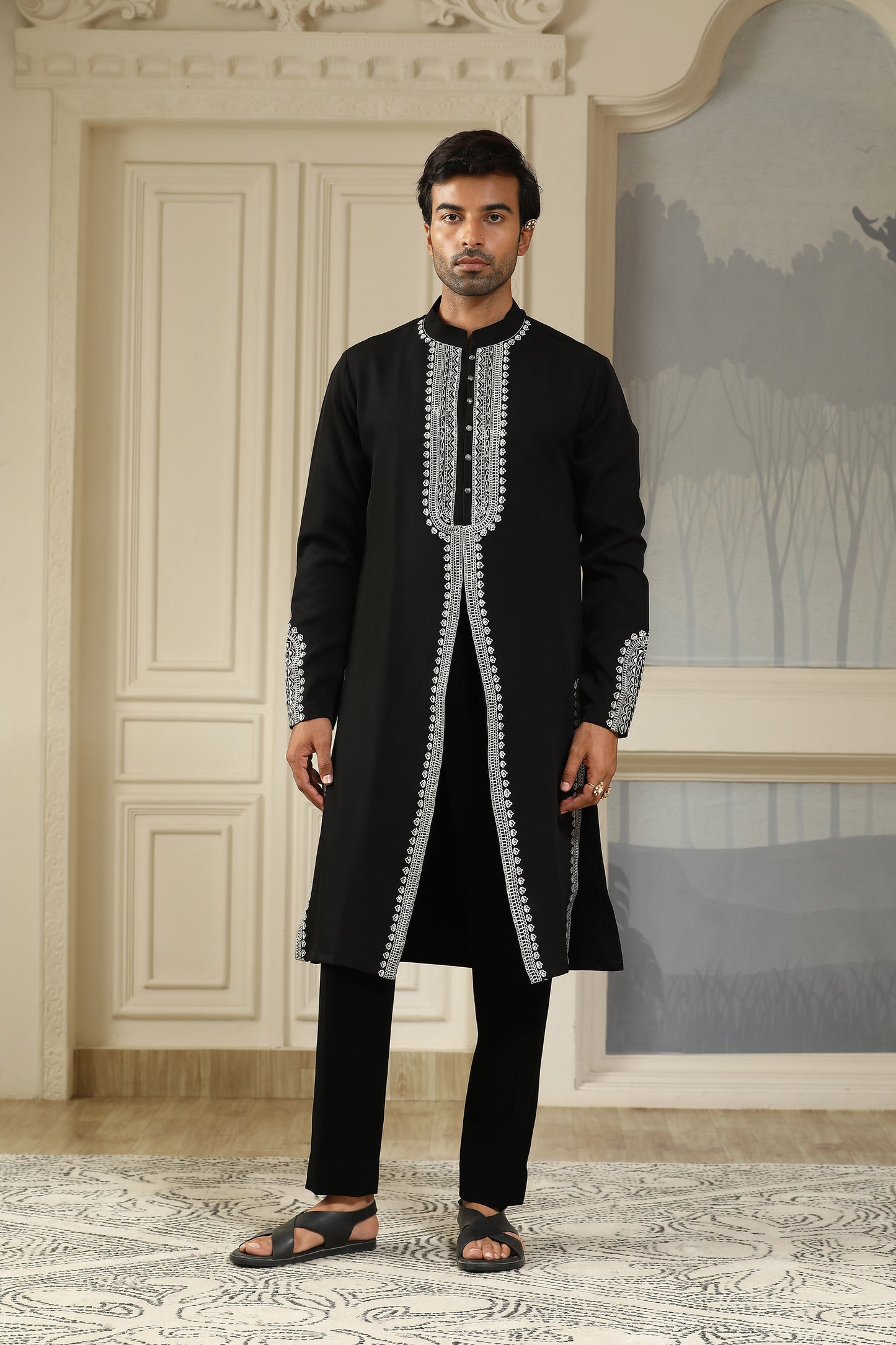 Black Italian Visciose V Cut Resham Embroidered Kurta Set