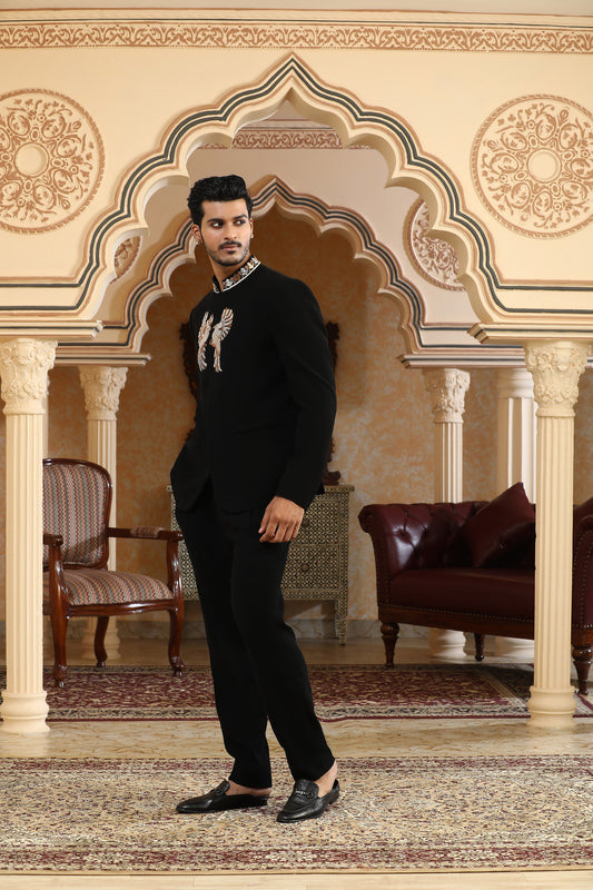 Baadal Paar - Black Italian Viscose Dabka, Zari Embroidered Bandhgala Set