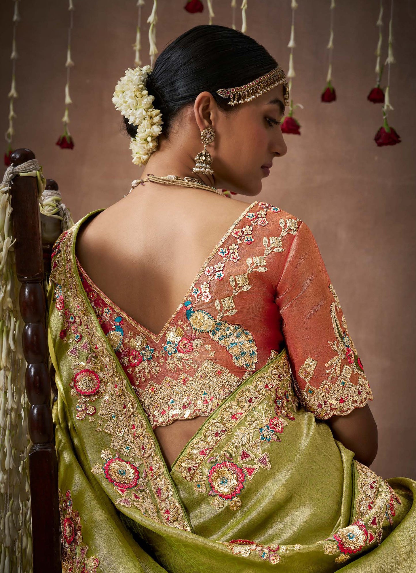 Mehendi Green Tissue Dola Silk Pearl & Mirror Embroidery Dulhan Saree