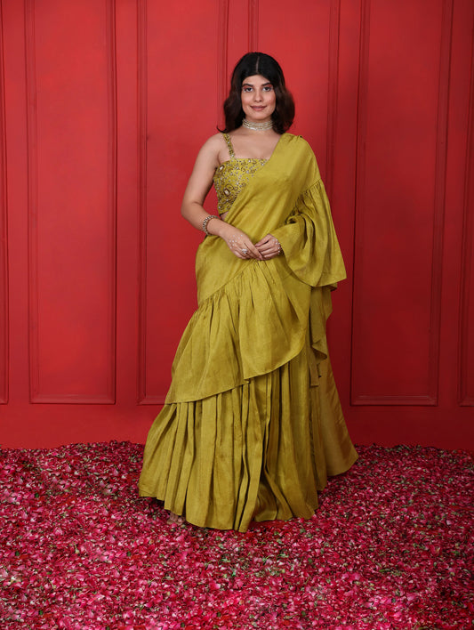 Green Lemon Ginger Hand Embroidered Blouse With Ruffle Palla Saree Set