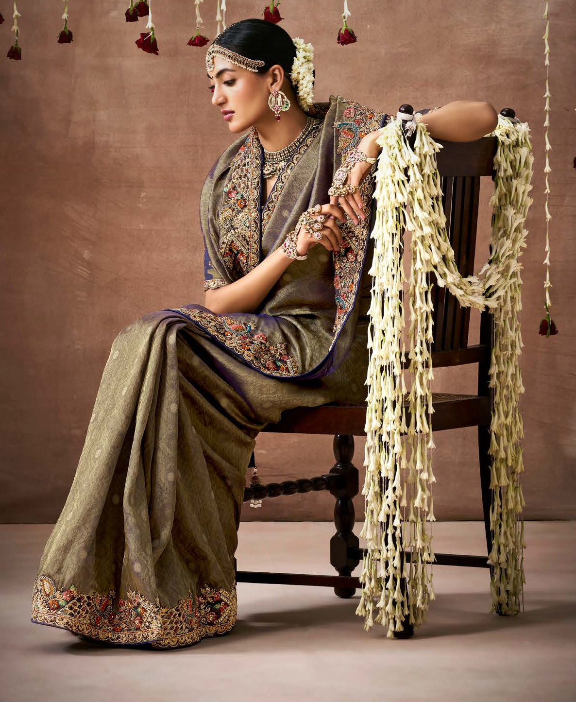 Greyish Brown Tissue Dola Silk Pearl & Mirror Embroidery Dulhan Saree
