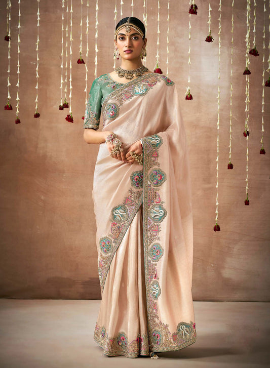 Light Peach Tissue Dola Silk Pearl & Mirror Embroidery Dulhan Saree