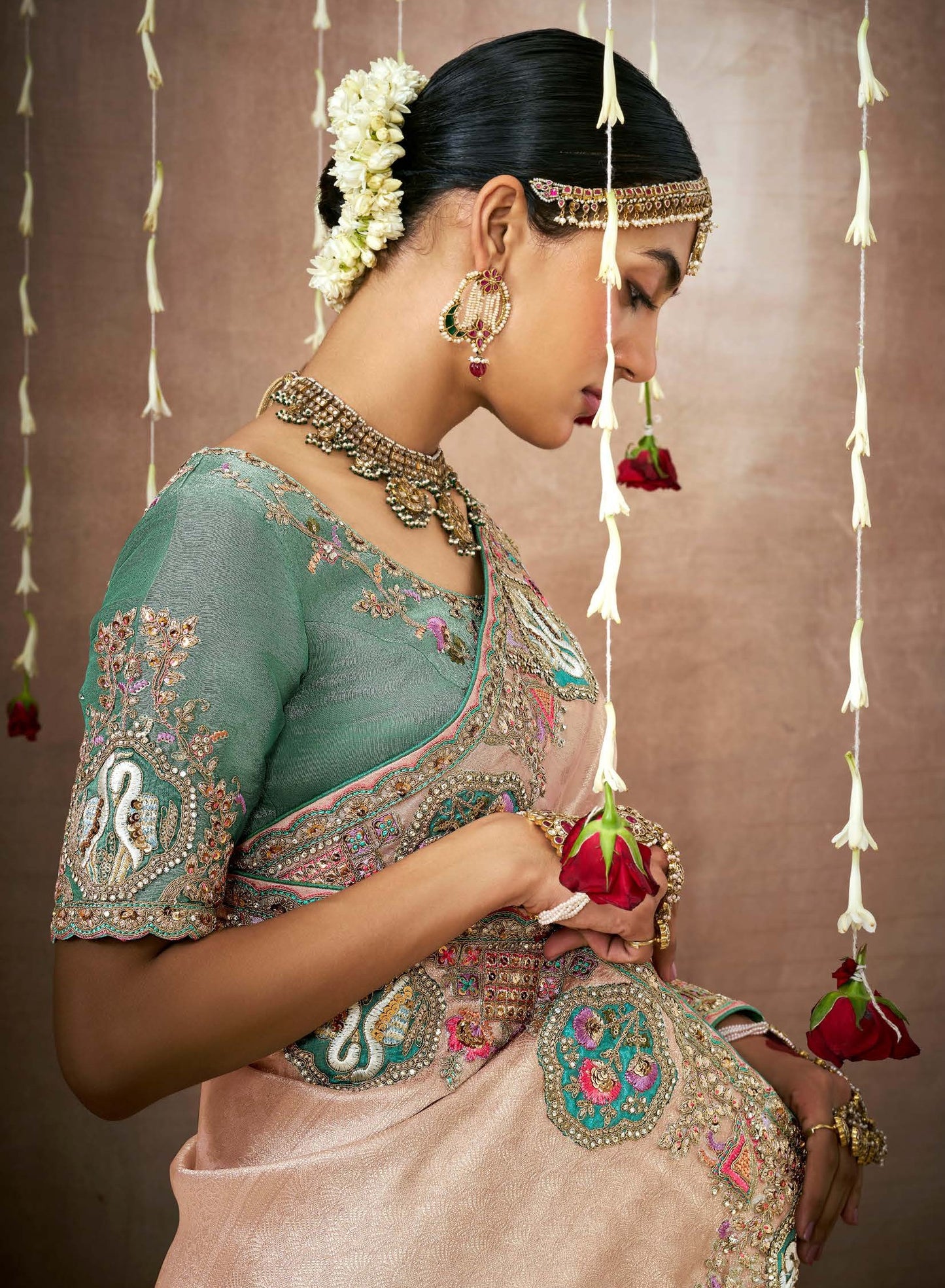 Light Peach Tissue Dola Silk Pearl & Mirror Embroidery Dulhan Saree