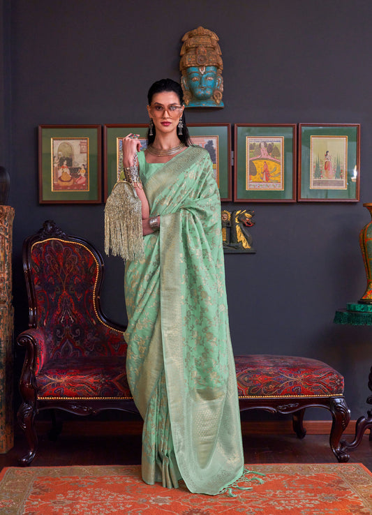 Mint Green Khabutai Pure katan Handloom Silk Saree