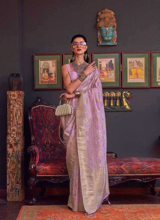 Lilac Khabutai Pure katan Handloom Silk Saree