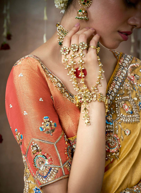 Yellow Tissue Dola Silk Pearl & Mirror Embroidery Dulhan Saree