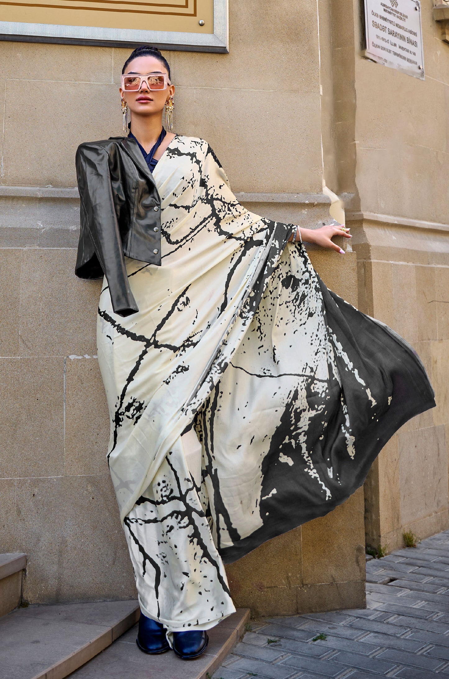 Off White Abstract Stripes Kubik Print Satin Saree