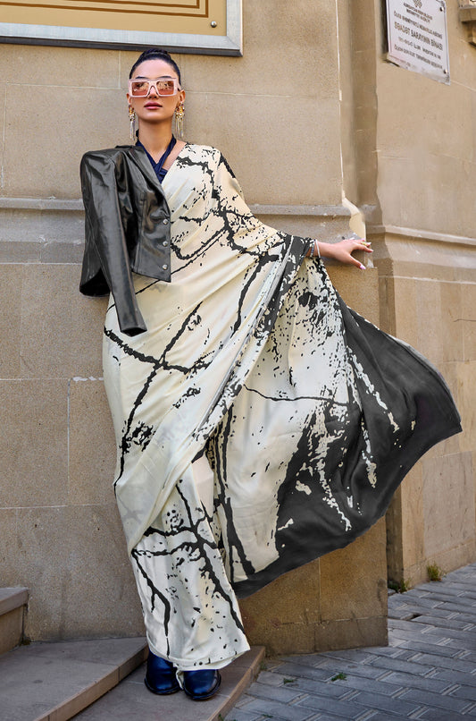 Off White Abstract Stripes Kubik Print Satin Saree