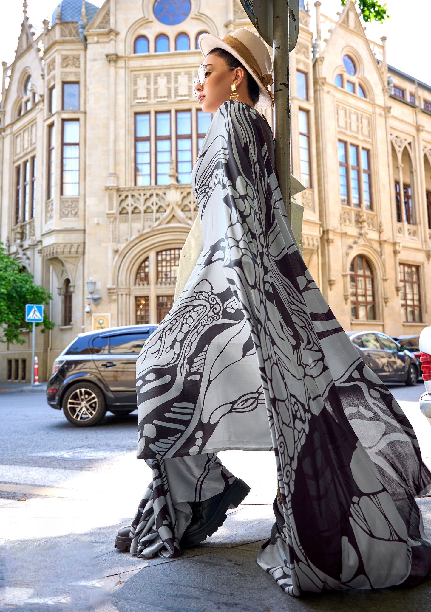 Off white and Black Art work Kubik Print Satin Saree