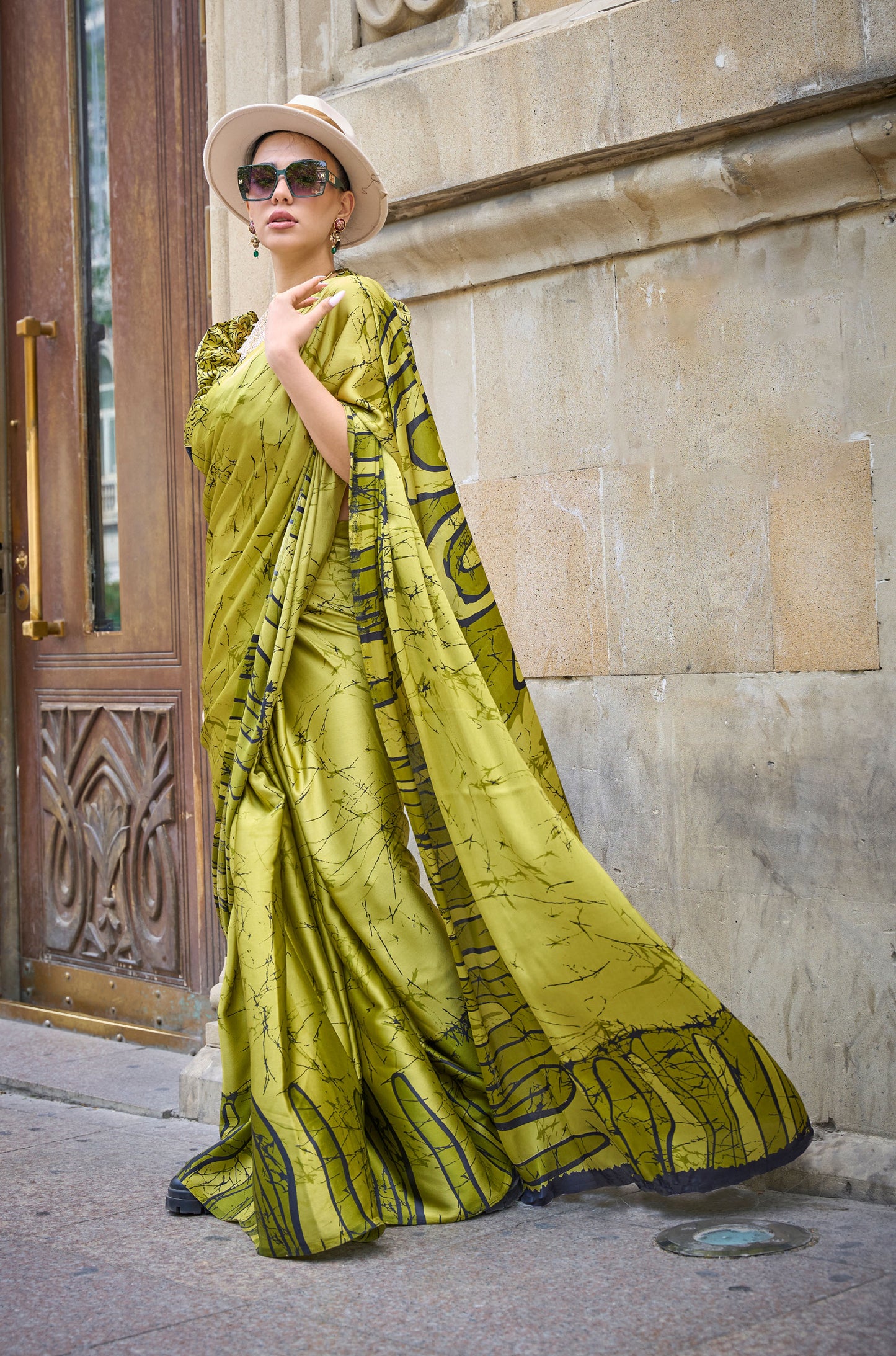 Green Kubik Print Satin Saree