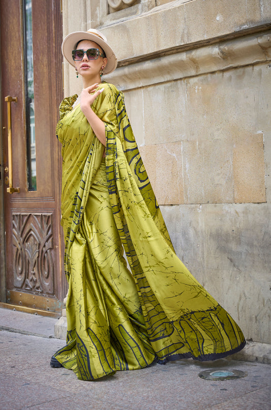 Green Kubik Print Satin Saree