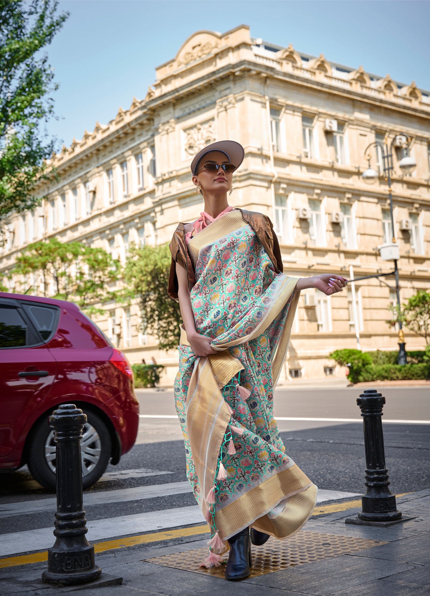 Beige Multi Color Klay Print Satin Organza Saree