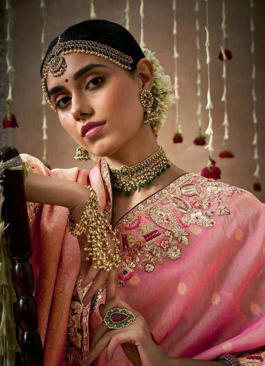 Pink Tissue Dola Silk Pearl & Mirror Embroidery Dulhan Saree