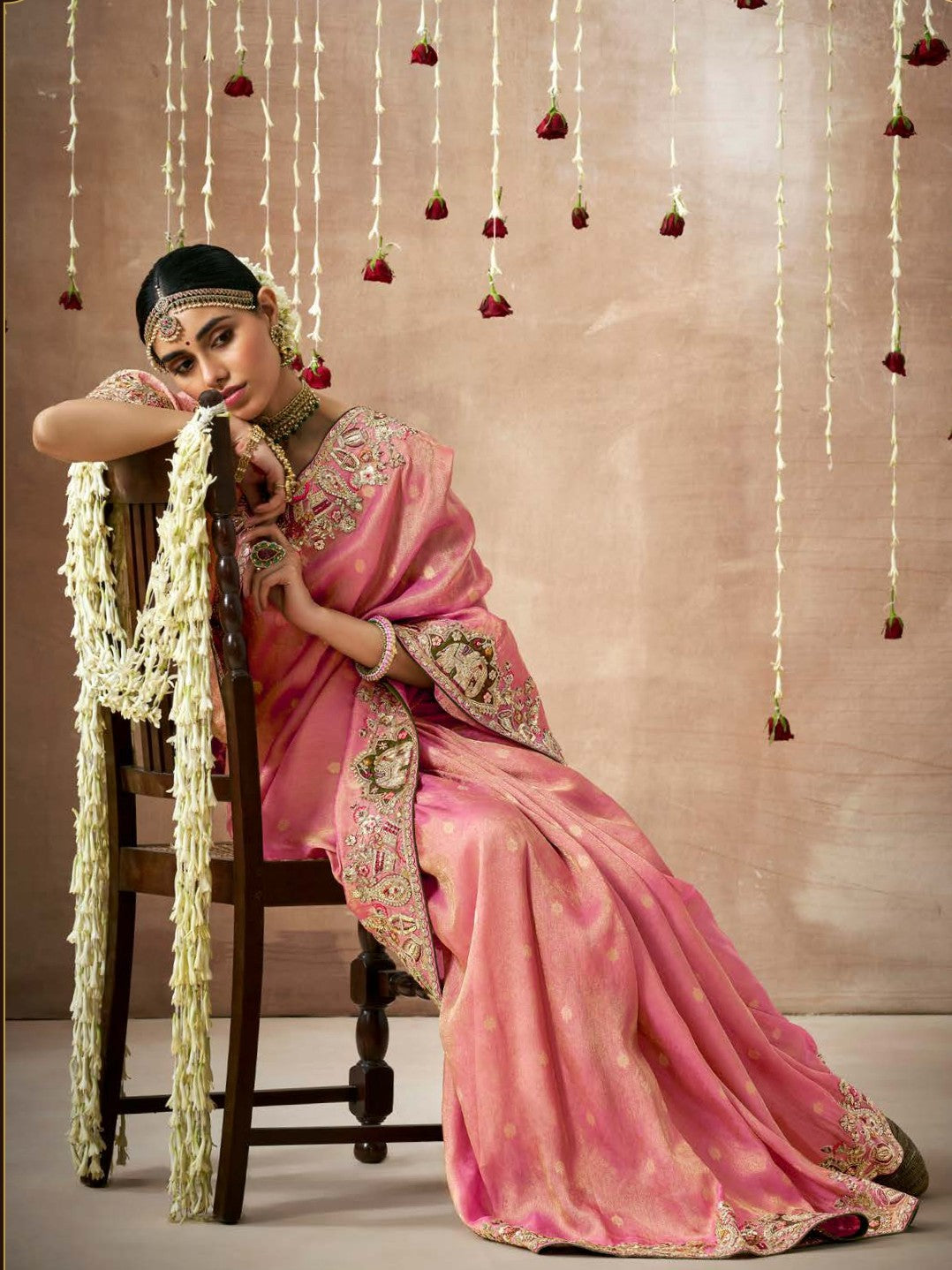 Pink Tissue Dola Silk Pearl & Mirror Embroidery Dulhan Saree