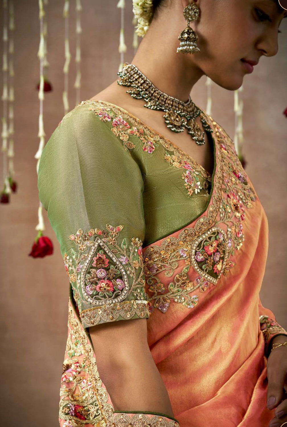 Orange Tissue Dola Silk Pearl & Mirror Embroidery Dulhan Saree