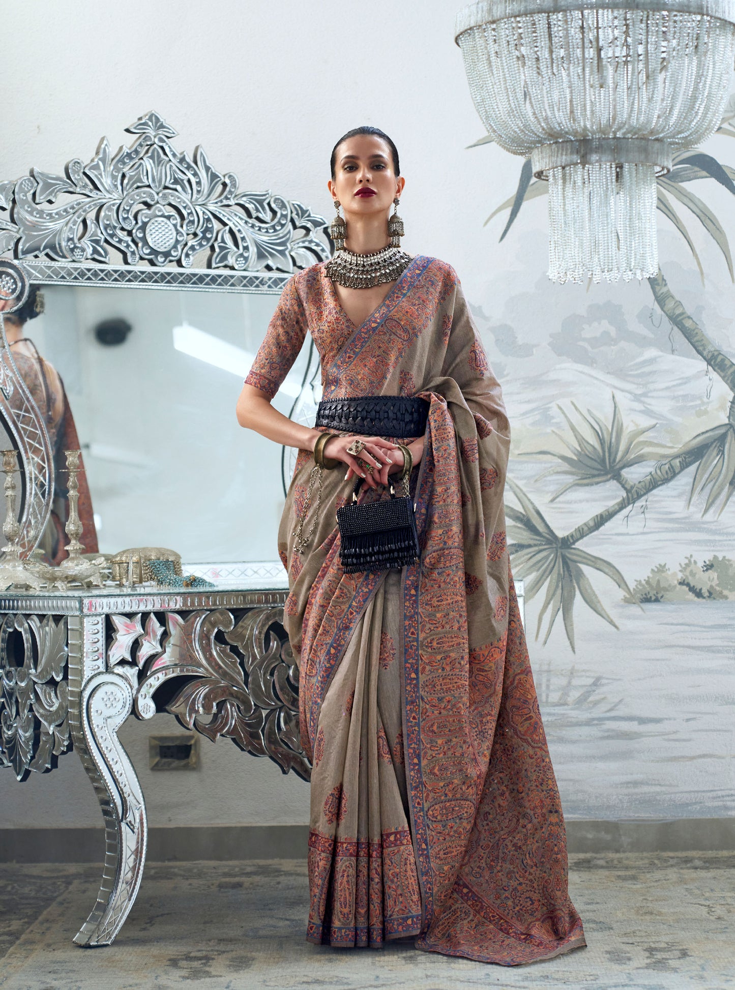 Beige Brown Kqaalib Kashmiri Handloom saree