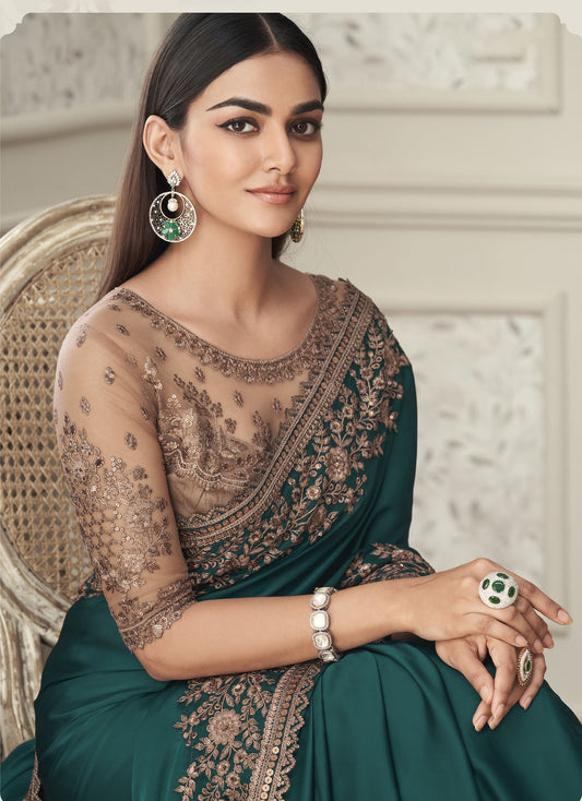 Green Color Resham Embroidered Satin Silk Saree