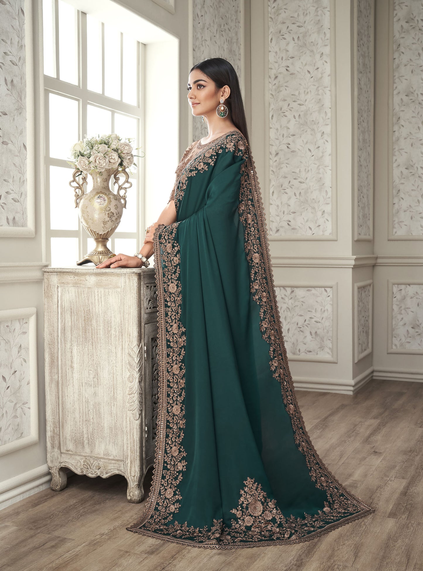 Green Color Resham Embroidered Satin Silk Saree