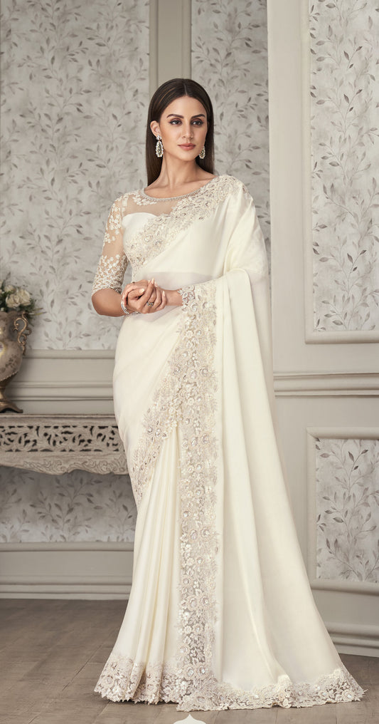 White Color Resham Embroidered Satin Silk Saree